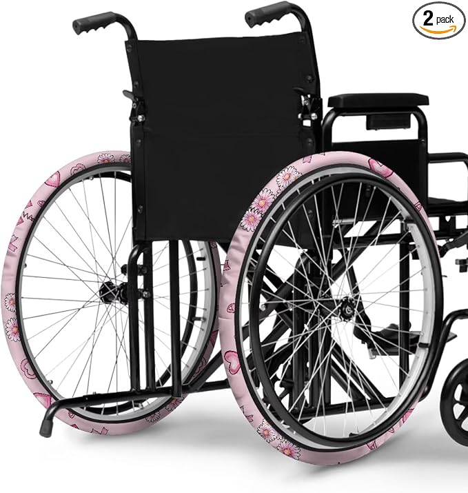 Breast Cancer Wheelchair Wheel Covers 24 Inch 2 Pairs Neoprene | Daisy Pink Ribbon, Easy to Wash Wheelchair Tyre Covers, Ideal Gift for Wheelchair Users