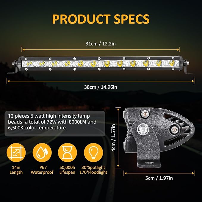 Zmoon 12 Inch LED Light Bar, 72W Spot Flood Combo Beam Light Bar, 8000 lm 6500K White, IP67 Waterproof Offroad Light Bars for Trucks, SUVs, ATVs, Boats