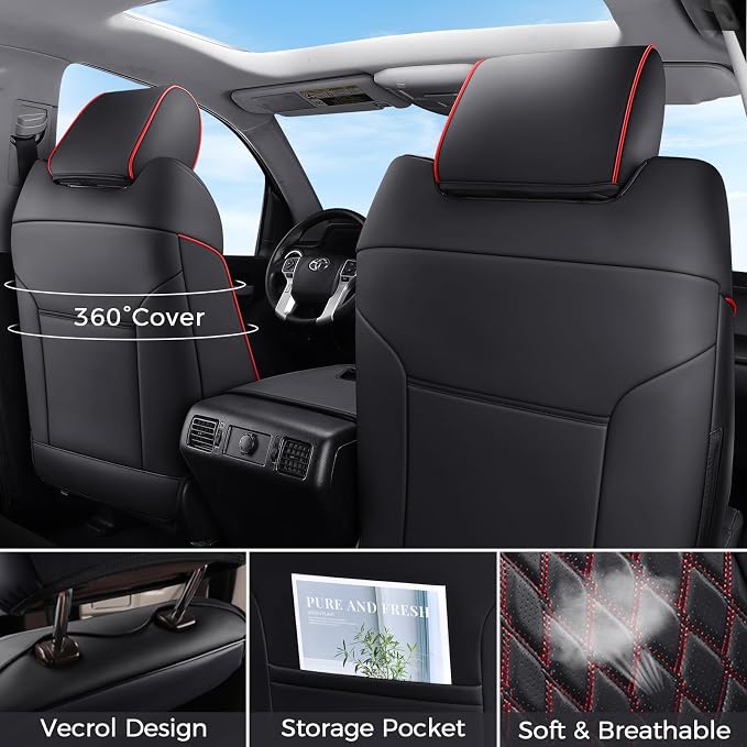 Huidasource Dodge Ram Front & Rear Seat Covers, Leather Car Seat Cover Full Coverage Waterproof Truck Seat Cushion Protector Fit for 2019-2025 RAM 1500 2500 3500 Crew/Mega Cab(Full Set/Black&Red)
