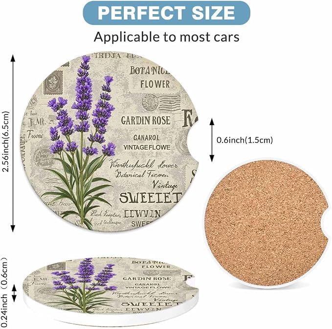 Lavender 2 Pack Car Cup Holder Coaster Anti Slip Insert Absorbent Ceramic Car Coaster with Cork Base and Finger Notch Cute Car Accessories Interior for Women Men