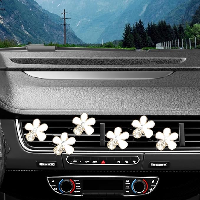 Mandark 6PCS Bling Daisy Flower Car Air Vent Clip, Crystal Rhinestone Vehicle Air Vent Outlet Clip, Cute Auto Air Conditioning Clip Charm Interior Decor Accessories for Women Girls（White）