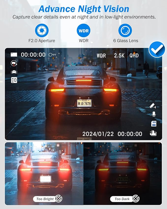 BAEASU Dash Cam Front and Rear 2.5K/1440P, 3 Channel Dash Camera for Cars Dash Cam Front Rear and Inside with 32GB Card, 3.16" IPS Screen, G-Sensor, Loop Recording, Night Vision, Parking Mode