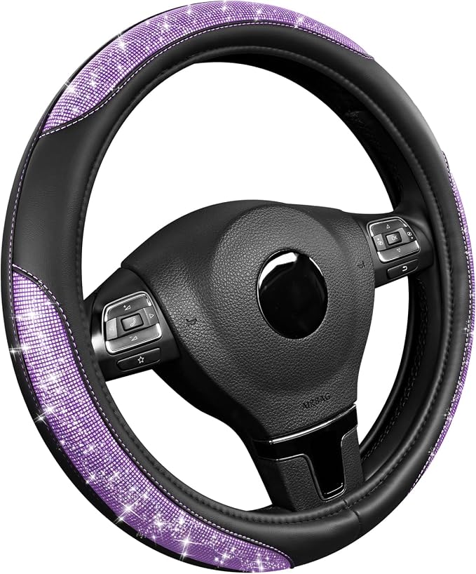 Road Comforts Pixel Glitter Steering Wheel Cover, 14.5–15 Inch Leather Steering Wheels Snug Fit, Anti-Slip Leather Grip, Elegant Sparkle Design, Universal Fit - Purple