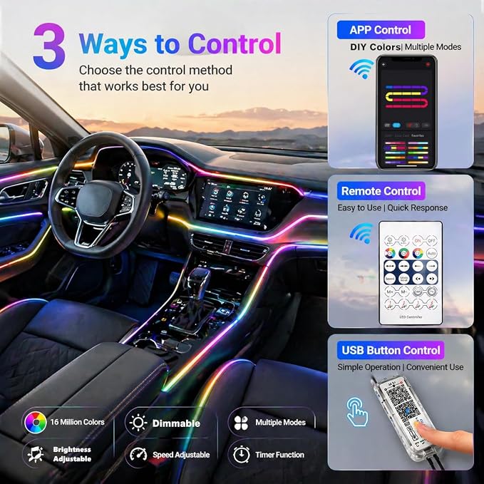 Car Interior Ambient Lighting Kit, Acrylic LED Strip Lights 43.3in 4 in 1, APP & Remote Control, RGB Music Sync Neon Light, USB Powered Flexible Car Lights for Dashboard, Door, Universal Fit