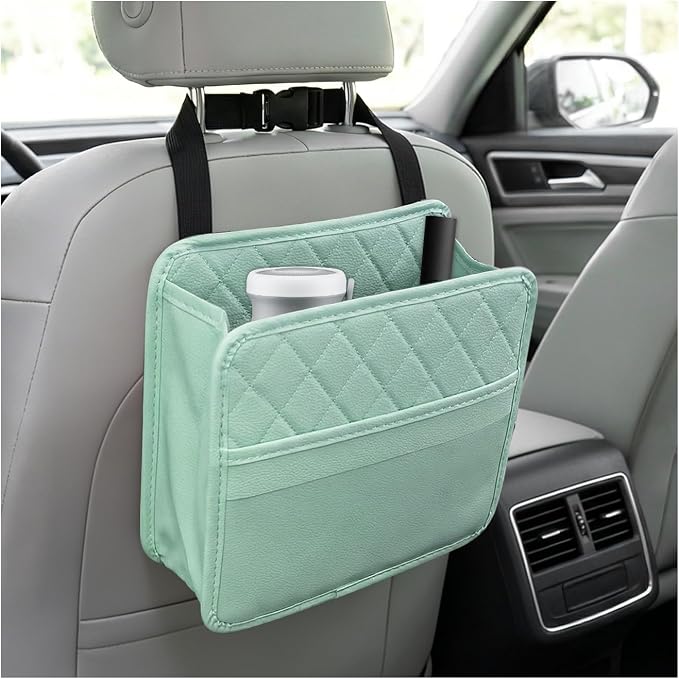 Car Seat Back Organizer, Waterproof Leather Auto Backseat Storage Pocket for Travel Essentials, Universal Multipurpose Backseat Hanging Storage Bag for Cars SUVs Trucks (Green)