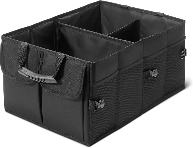 Amazon Basics Car Boot Organiser, Multi-Compartment Trunk Storage Box, Foldable, 51L Capacity, Black
