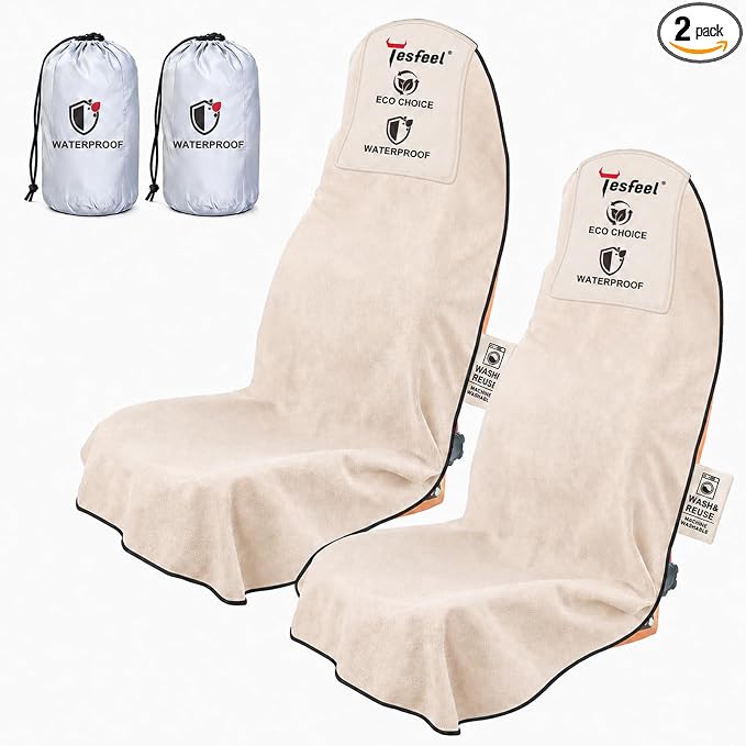 Towel Car Seat Covers for Sweat Protection, GRS Certified Recycled Microfiber Absorbent Front Seat Protector, Non-Slip Washable Universal Fit for Sedans SUV Minivans(2 Pack,Beige)
