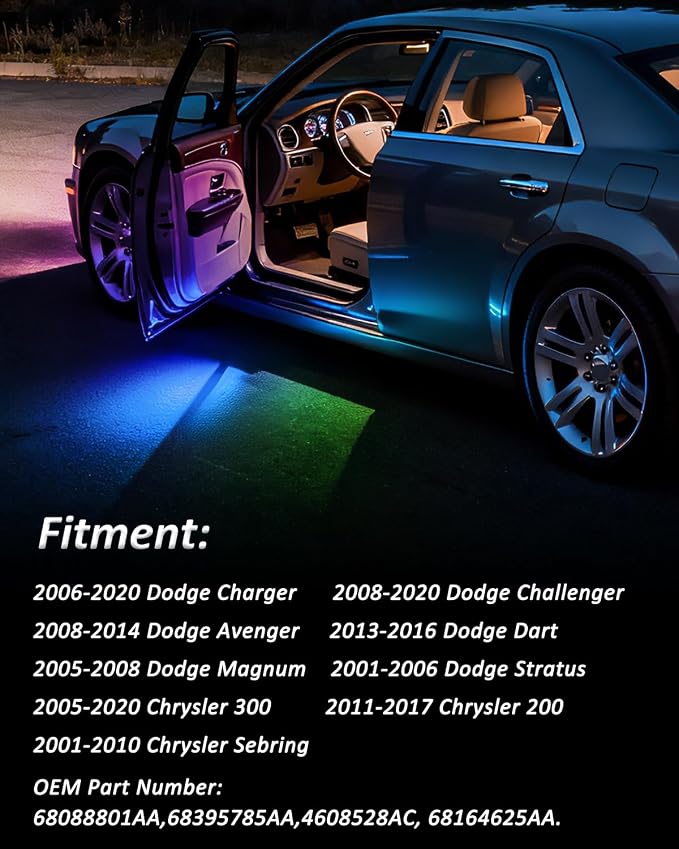 Bestview RGB LED Door Welcome Courtesy Lights Compatible with 2001-2020 Dodge Charger Challenger Avenger Magnum Dart/Chrysler 300 200, 16-Color Interior Door Panel Lamp Pack of 2