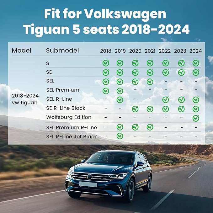 LASFIT Custom Fit TPE Floor Mats & Cargo Liner for 2018-2024 Volkswagen Tiguan Only 5 Seats, All Weather Waterproof Anti-Slip Full Set Floor Liners Front & Rear Rows Trunk Cargo Mat, Black
