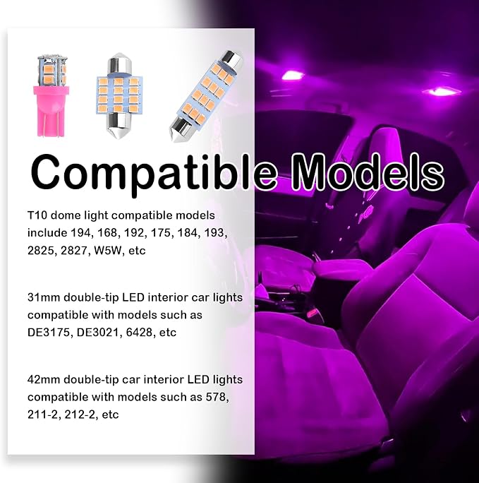 24PCS Interior Car Lights LED Kit,Super Bright 6500K Interior Dome Light for Side Marker/Map/License/Trunk Light,Upgrade T10/31mm/42mm Car Lights Interiors Kit with Pry Tool (Purple)