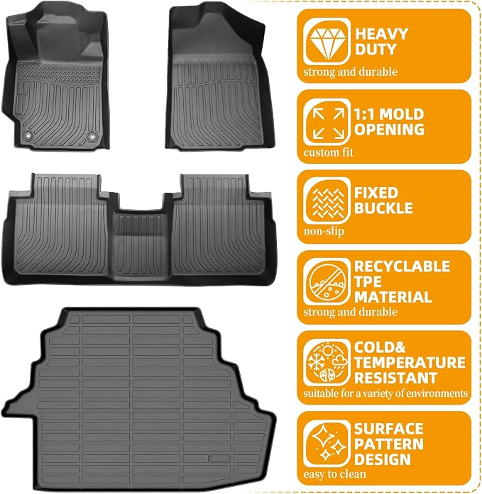 Floor Mats for Toyota Camry 2007-2011(ONLY Gas), NOT for Hybrid | Custom Fit Camry CE XLE SE LE Floor Mats, Front Rear Mats & Cargo Liner, TPE Anti-Slip Waterproof Duty Car Accessories