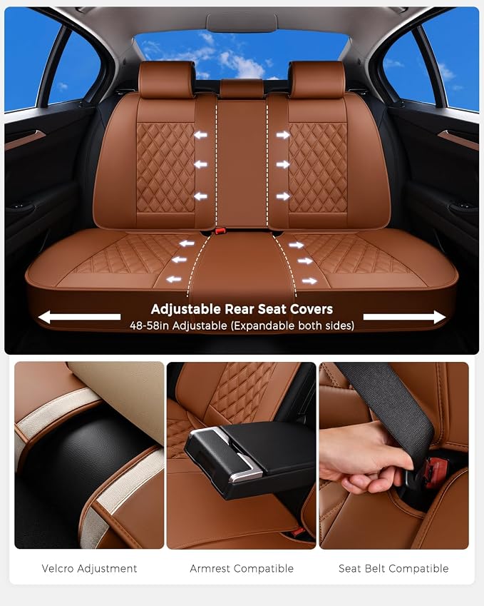 Huidasource Brown Seat Covers, Nappa Leather Car Seat Covers, Velcro Adjustable, Compatible with Airbags, Child Seat, Seat Belts, Fit for Most Cars, Vans, Trucks, SUVs (Full Set/Brown)