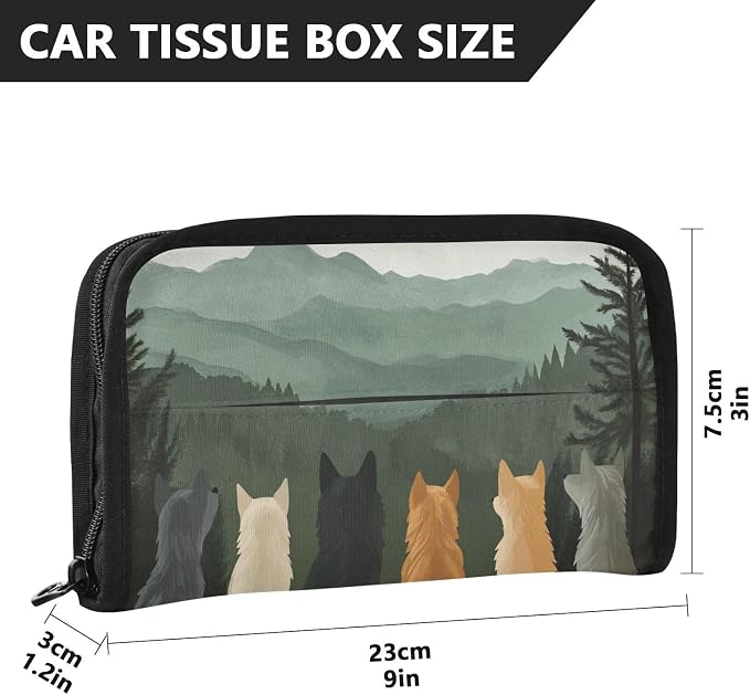 Car Visor Tissue Holder Mask Holder for Car, Car Tissue Box Sun Visor Napkin Holder Car Visor Accessories Adjustable Straps Reusable Durable Easy to Install Cute Wolves Back and Green Mountai