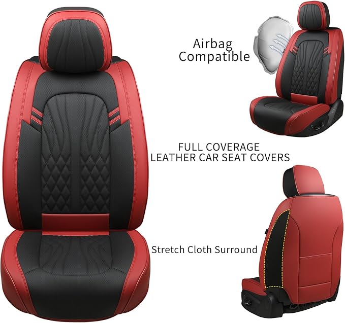 MINGBRON Car Seat Covers,Breathable and Waterproof Faux Leather Automotive Seat Covers for Cars SUV Pick-up Truck Sedan,Universal Anti-Slip Driver Seat Covers Wine Red