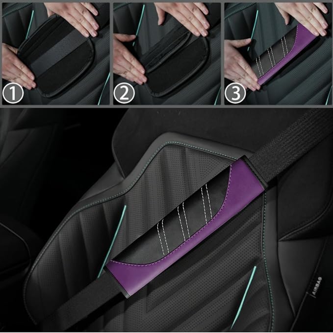NBTEPEM 10 Pcs Car Floor Mats Full Set & Sport Leather Steering Wheel Cover 14.5-15 inch, Center Console Cover, Seat Belt Cushion, Cup Holder Coaster, Universal Automobile Interior Sets (Purple)