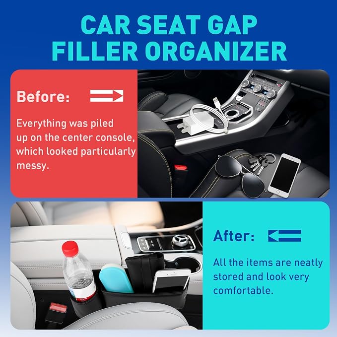 Universal PU Leather Car Seat Gap Filler Organizer with Cup Holder | Multi-Purpose Car Essentials Organizer with Phone, Keys, Card, Sunglasses and Small Items, Gifts for Car SUV Truck Owners