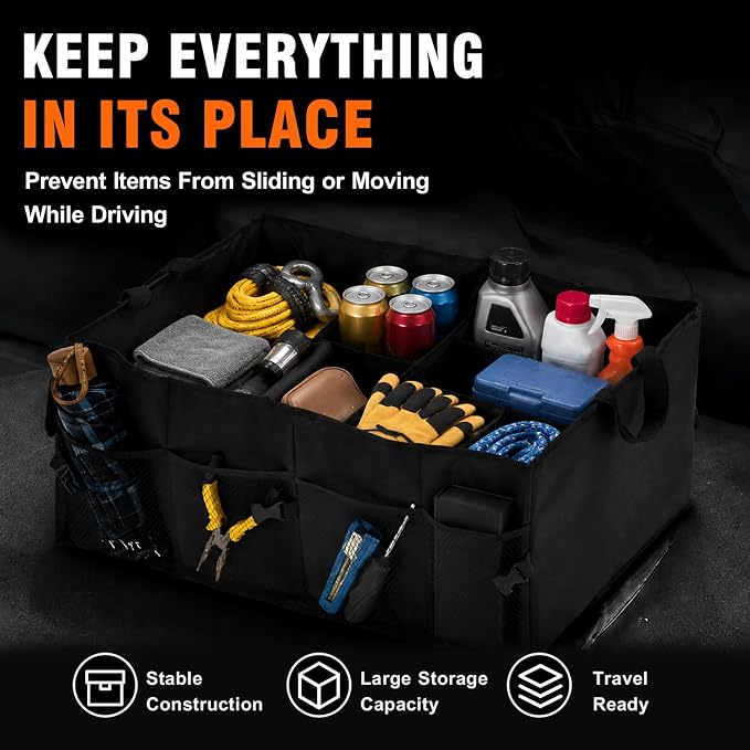 Car Trunk Organizer, Collapsible Multi Compartment Vehicle Storage Box, Waterproof Adjustable Automotive Organization Container Accessories, Universal for SUV, Sedan, Truck (Black)