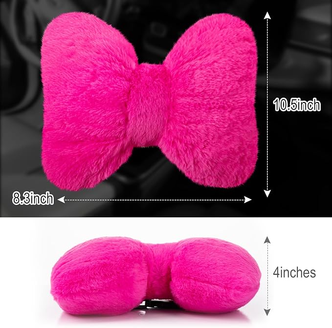 Macarrie 2 Pcs Rose Red Car Neck Pillow Imitation Rabbit Fur Bow Pillow | Soft Comfortable Seat Headrest Support, Cute Bow Car Accessories, Driving Travel Driver Chair Girl Interior Decor, Solid