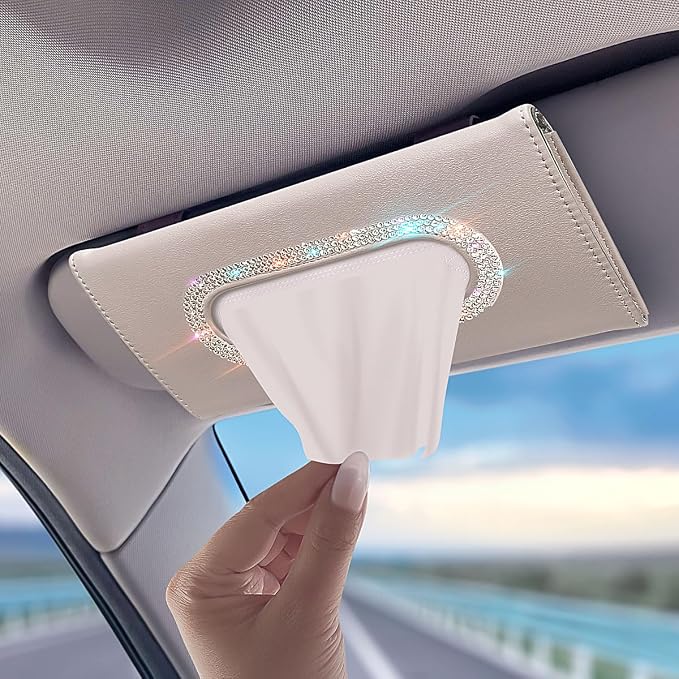 Bling Car Visor Tissue Holder, Diamond Mask Holder, PU Leather Tissue Box Holder, Wipes Case, Sun Visor Napkin Holder (White)