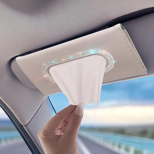 Bling Car Visor Tissue Holder, Diamond Mask Holder, PU Leather Tissue Box Holder, Wipes Case, Sun Visor Napkin Holder (White)