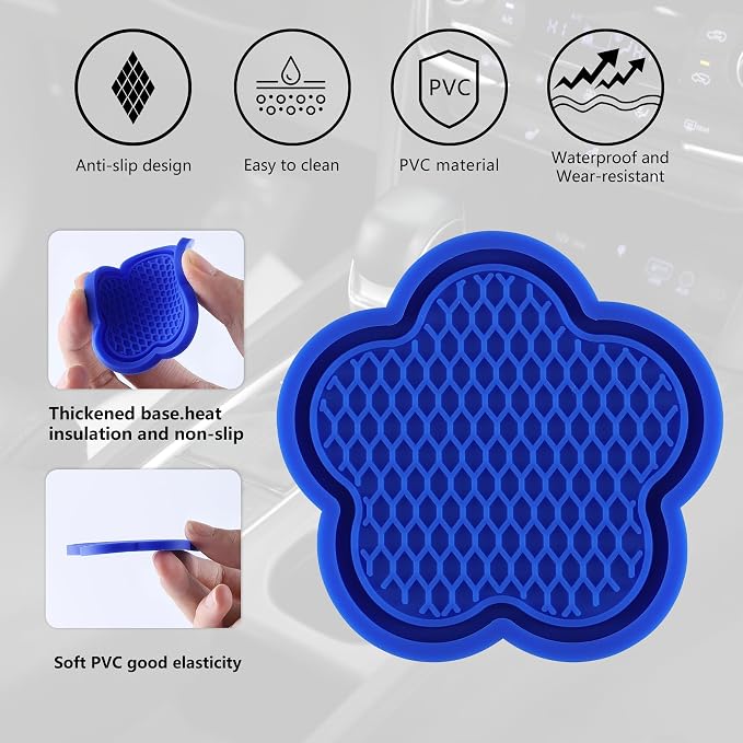 GaRhomxy Car Cup Holder Coaster, Universal Non-Slip Recessed Flower Shaped Cup Holders, Cute Car Accessories Interior for Women and Man Interior Sets 4 Pack (Blue)