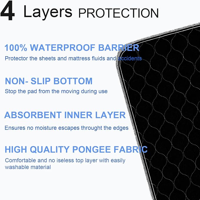 RIQINXIN Non-Slip Absorbent Incontinence Bed Pads Waterproof Reusable Washable Incontinence Underpads for Adults Children Elderly Sofa 2Pcs 35x60in Black