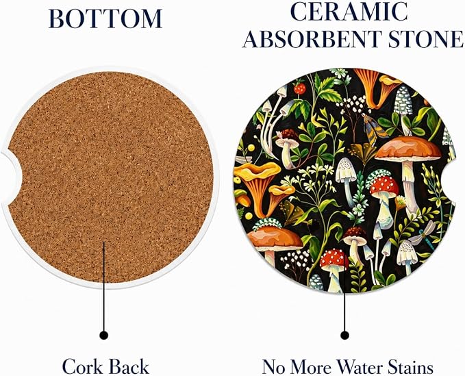 2Pack Car Cup Holder Coasters Absorbent Ceramic Coaster 2.56" for Women & Men Auto Mushroom Car Accessories