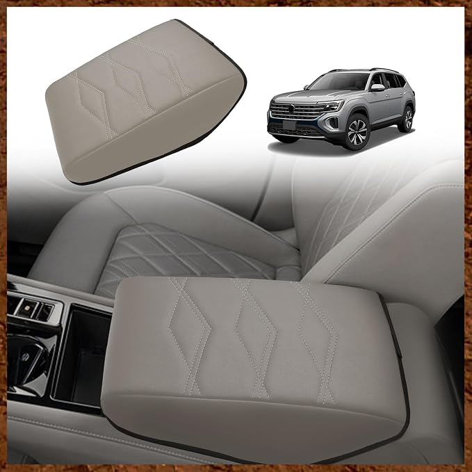 Muslogy Center Console Armrest Cover Fit for Volkswagen Atlas & Cross Sport 2024-2026 Accessories, Comfort Armrest Pad Console Lid Cushion Vegan Leather Regular Thick (V1_Light Gray)