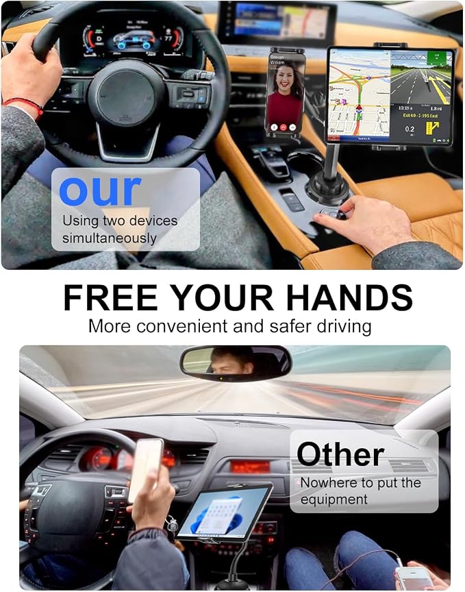 Dual iPad Cup Holder Mount for Tablet & Phone, Heavy Duty Metal Cup Holder Tablet Mount for Car, Truck, Double Cup Holder Tablet Holder for iPad Pro Air Mini, iPhone, Z Fold, 4-13" Device