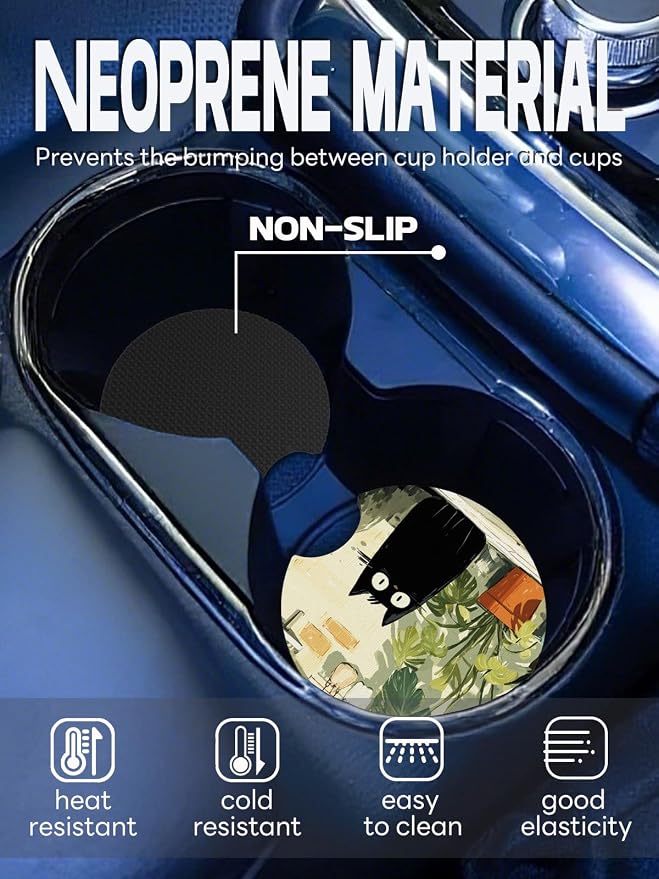 WOCOCN Car Coasters,Cup Holder Coasters for Car,2.75inch Anti Slip and Absorbent,Cute Automotive Interior Accessories for Cup Holder,Pack of 2 (Potted Black Cat)