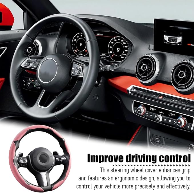 3PCS Car Steering Wheel Cover, 14.5-15" Breathable Nappa Leather Segmented Steering Wheel Protector with Non-Slip Grip, Stylish Auto Interior Decor Accessories, Universal for Vehicles (Pink)