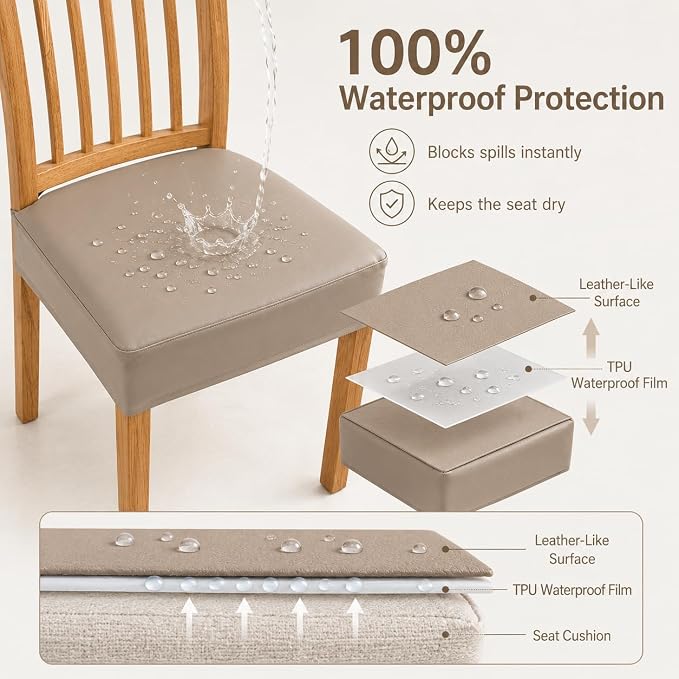 NILUOH Waterproof Seat Covers for Dining Room Chairs Set of 6, Pu Leather Chair Seat Slipcovers Dining Chair Cover Removable Washable Chair Protctor Cover, Rear Covers (PU-Taupe)