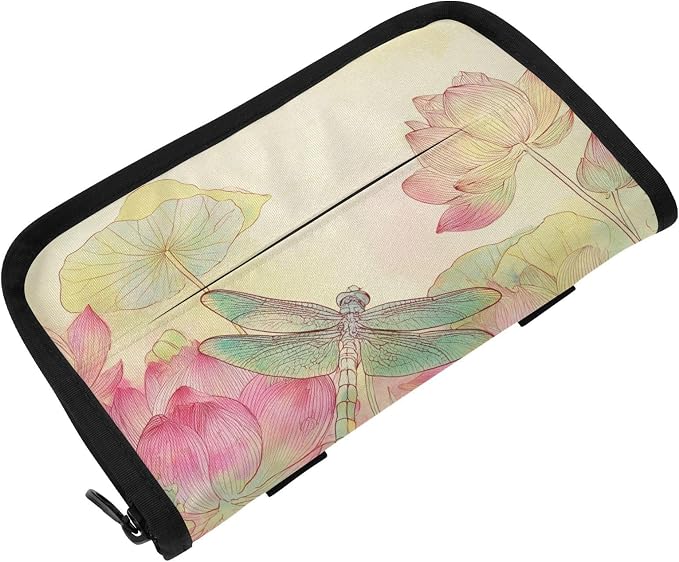 Car Tissue Holder Car Napkin Holder Tissue Box Dispenser Storage Case Sun Visor Mask Holder Accessories with Adjustable Straps Reusable Refillable Dragonfly Lotuses Yellow