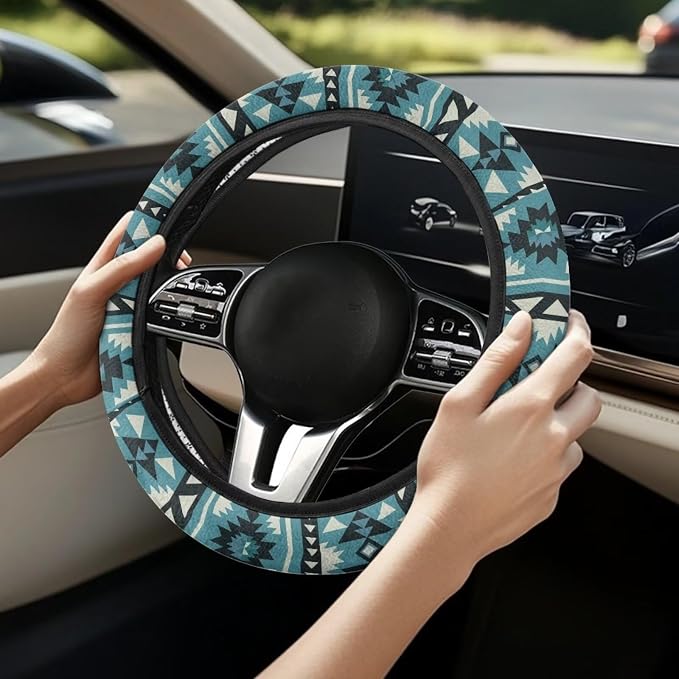 Wanyint Car Steering Wheel Cover, 15 Inch Soft Breathable Steering Wheel Protector for Women Men, Universal Fit for SUV Sedan Van Truck, Southwest Aztec Blue