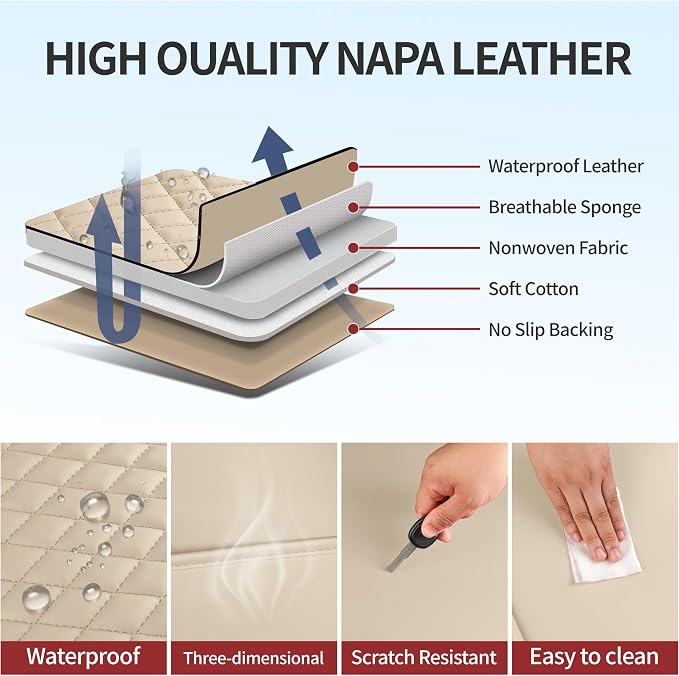 Light Beige Thick Nappa Leather Automotive Front Car Seat Covers Set of 2 | Univerasal Precision Fit,Lumbar Support,3D Contoured,Waterproof,ThickTexture,for most Suvs Trucks Sedans