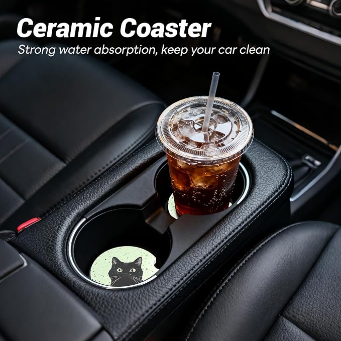 Car Cup Holder Ceramic Coasters 2 Pack, 2.56 in Anti Slip Absorbent Coaster with Cork Base and Finger Notch, Funny Cute Car Accessories Interior for Women, Terrazzo Cat