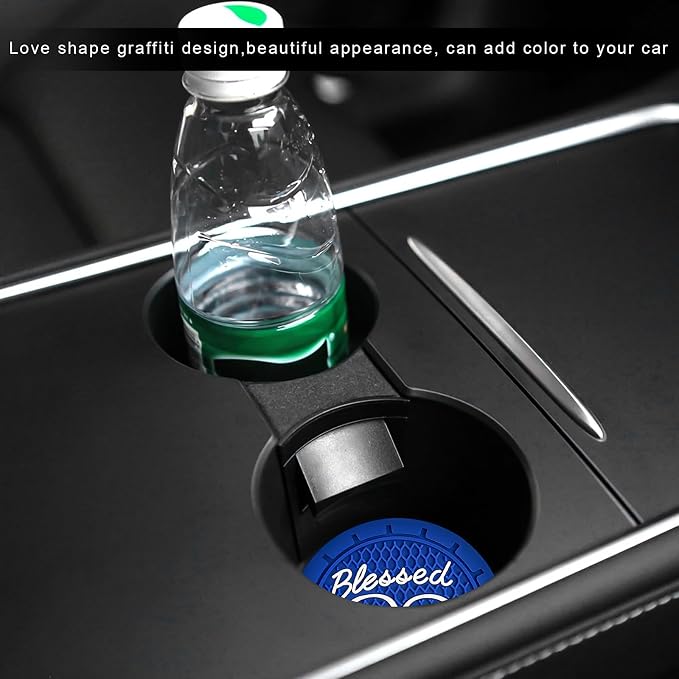 4 PCS Car Cup Holder Coaster, 2.76 Inch Soft PVC Non-Slip Blessed Cross and Heart Christian Car Cup Coasters, Auto Interior Shockproof Insert Drink Mat for Most Vehicles (Blue)