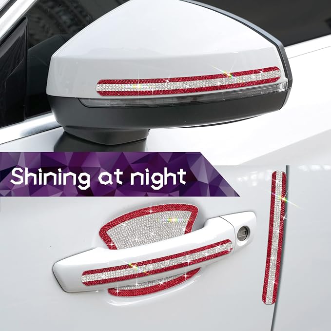 10PCS Car Door Handle Bling Rhinestones Stickers, Red & Sliver | Universal Auto Door Handle Safety Reflective Strips, Super Shine, High Light Bling Car Decoration