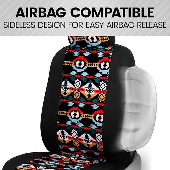 BDK Aztec Pattern Car Seat Covers for Front Seats, 2-Pack Geometric Print Front Seat Cover Set with Matching Headrest, Sideless Design for Easy Installation, Universal Fits Most Cars Trucks Vans SUVs
