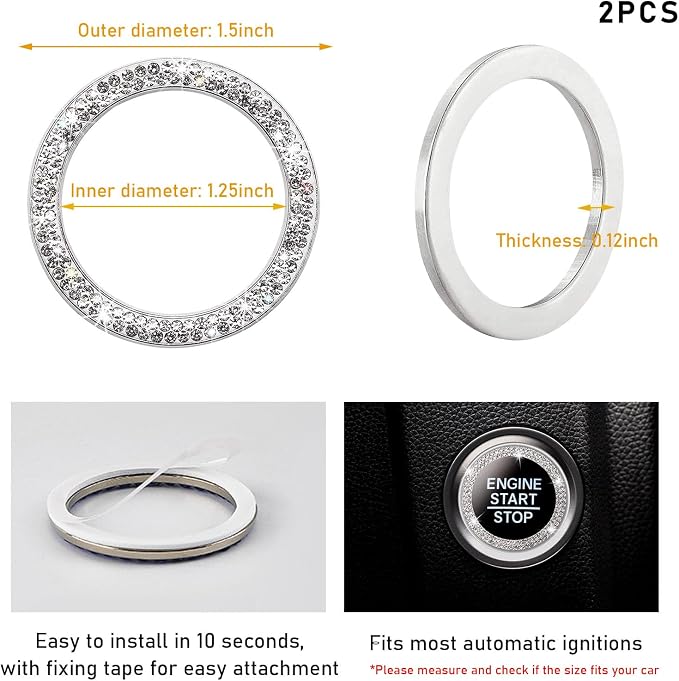 Kewucn 2 PCS Bling Crystal Double Rhinestone Car Engine Start Decoration Ring, Sparkling Push Start Button Sticker, Key Ignition & Knob Ring Decoration, Bling Car Interior Accessory(White)