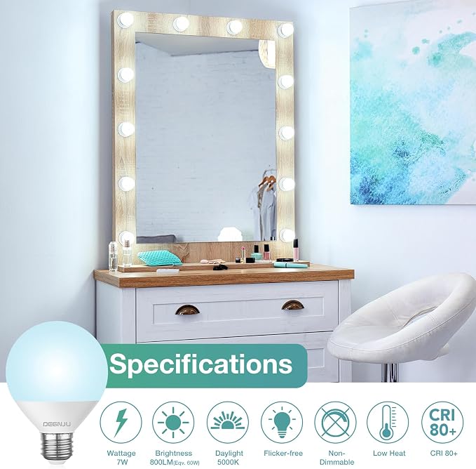 DEGNJU LED Vanity Light Bulbs, 60W Equivalent, Bathroom Light Bulbs 5000K Daylight White, 800 Lumens, G25 Globe Bulb for Makeup Mirror, Round Shape, 7W, 120V, Non-Dimmable, 10 Pack