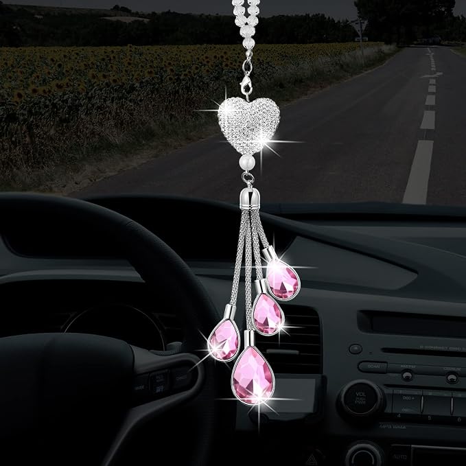 Frienda Bling Car Rear View Mirror Accessories for Women Gift Cute Heart Crystal Hanging Charm Diamond Decoration Lucky Interior Ornament Pendant(7.5 Inch,Pink)