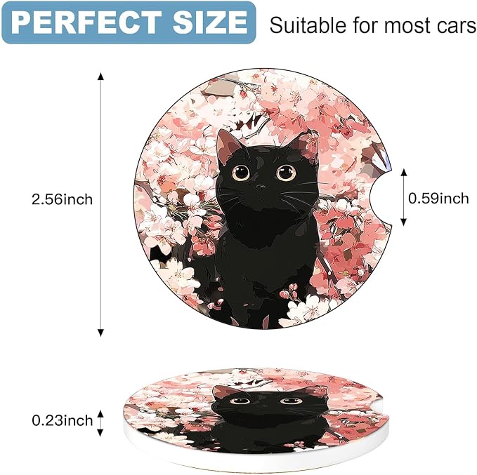 Car Cup Holder Coaster Set of 2, 2.56 in Ceramic Coasters, Scratch-Resistant Cork Backing, Finger Groove Design for Easy Placement, Cute Car Accessories Interior for Women (Cute Kitten)