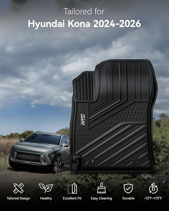 3W Floor Mats & Cargo Liner Compatible with Hyundai Kona 2024-2026 (Gas Models Only), TPE All-Weather Heavy Duty Custom Fit Car Accessories Full Set, Black (Not for EV/Hybrid)