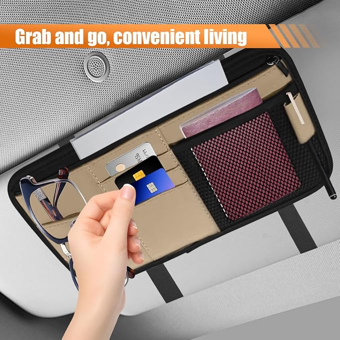 Car Sun Visor Organizer, PU Leather Automotive Visor Storage Pouch Holder with Multi-Pocket, Vehicle Interior Organizer Accessories for Sunglasses, Pen, Key, Phone, Cards, License(Beige)