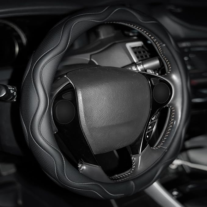 Steering Wheel Cover with Anti-Slip Leather Grip Compatible with Ford, Toyota, Honda, Nissan, and Chevrolet Vehicles for 14.5-15.35 inch Round Steering Wheels Universal Car Accessories