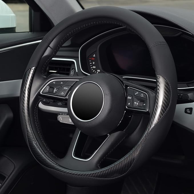 KAFEEK Carbon Fiber Steering Wheel Cover for Men, Car Accessories, Black | Universal 15 Inch Sporty & Thin Cover, Anti-Slip Matte Leather, All-Black Sleek Design