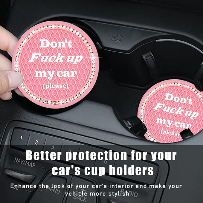 2 PCS Bling Car Cup Coaster, 2.75 Inch Anti-Slip Cup Holder Insert Coasters, Crystal Rhinestone Auto Drink Car Cup Mat for Women Girls, Universal Interior Car Accessories (Pink)