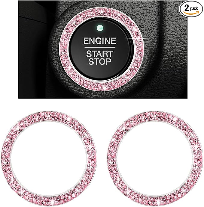 2 PCS Car Bling Crystal Rhinestone Engine Start Ring Decals, Sparkling Diamond Car Push Start Button Ignition Ring Sticker, Auto Key Ignition Knob Ring Decoration for Women Girls (Pink)