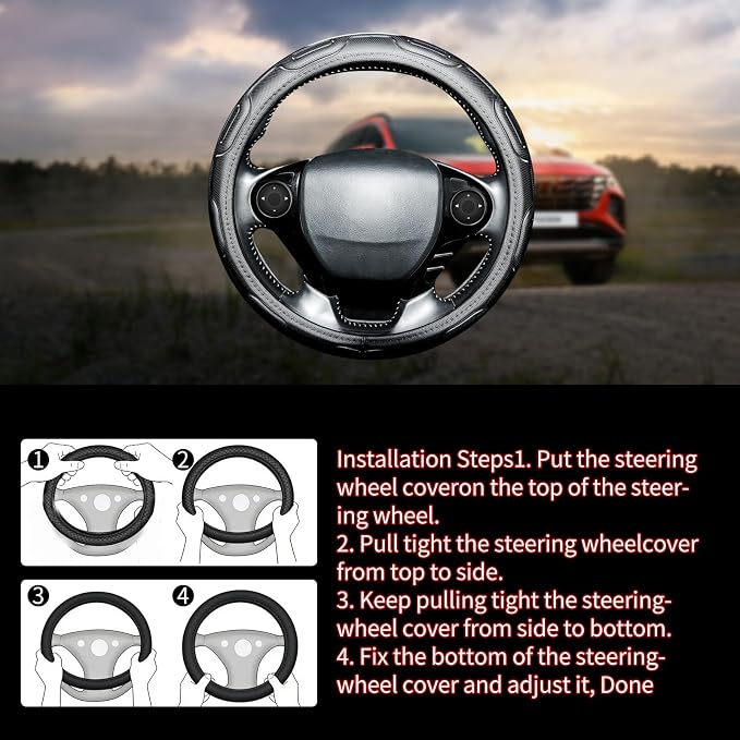 Steering Wheel Cover with Anti-Slip Leather Grip Compatible with Ford, Toyota, Honda, Nissan, and Chevrolet Vehicles for 14.5-15.35 inch Round Steering Wheels Universal Car Accessories